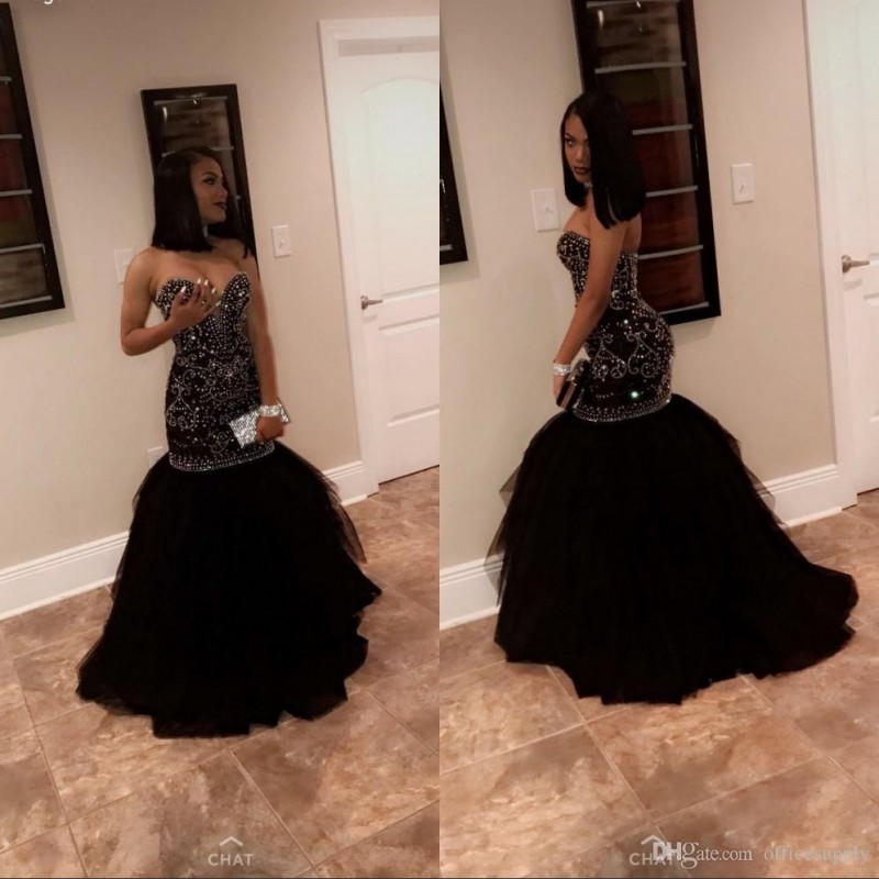 New Black Puffy Prom Dresses 2019 Sweetheart Mermaid Style Beads Evening Party Dresses Puffy Arabic Pageant Party Gowns