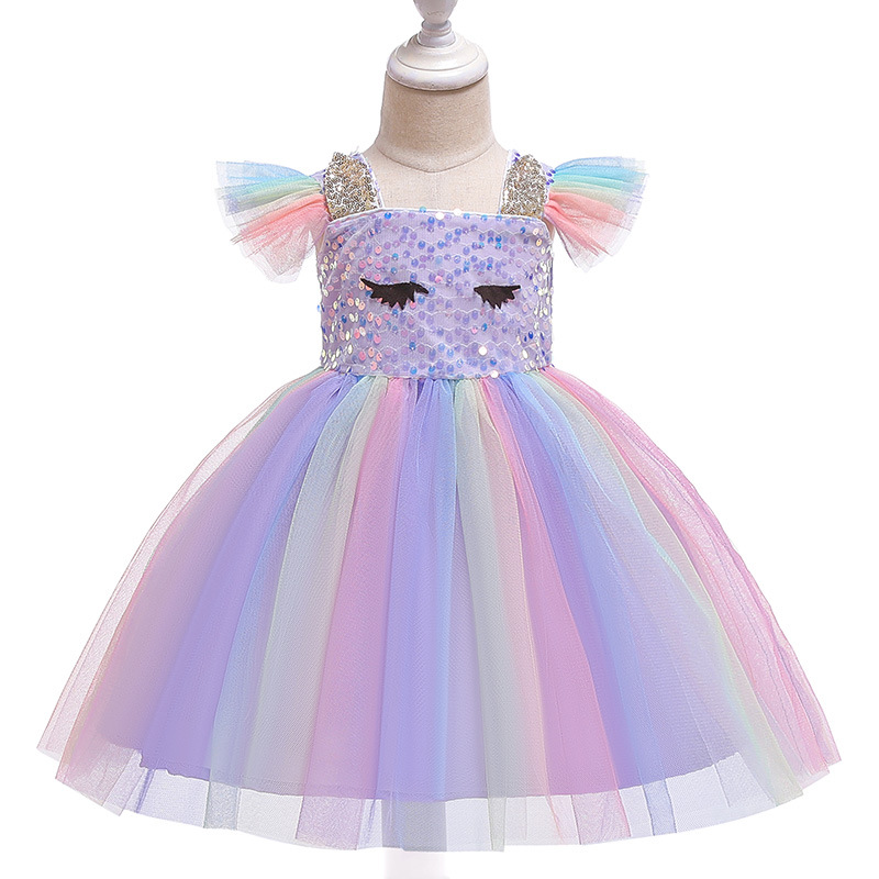 

Retail kids designer dress girls sequins rainbow flying sleeves pleated pettiskirt princess dress baby girl costume cosplay boutique 50% off, Pink