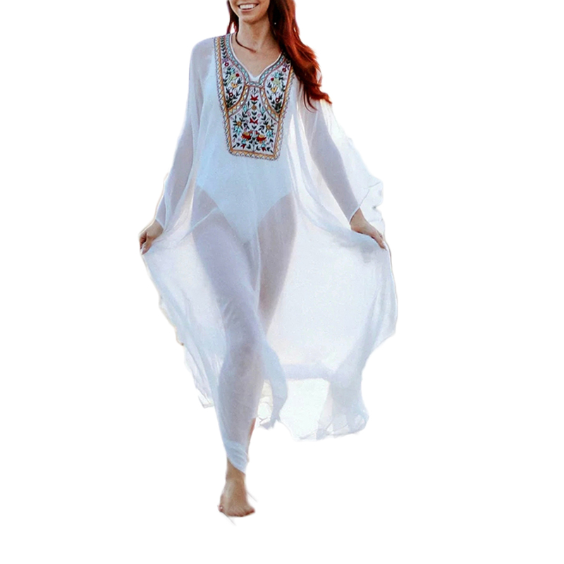 

Wholesale white lace maxi embroidered tunic bikini dress beach cover up