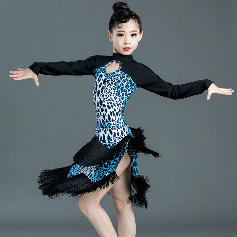 

Blue Leopard Dance Dress Girls Latin Dance Costume Performance Suit Tassel Skirt Children Competition Costume Kids 3429, As picture