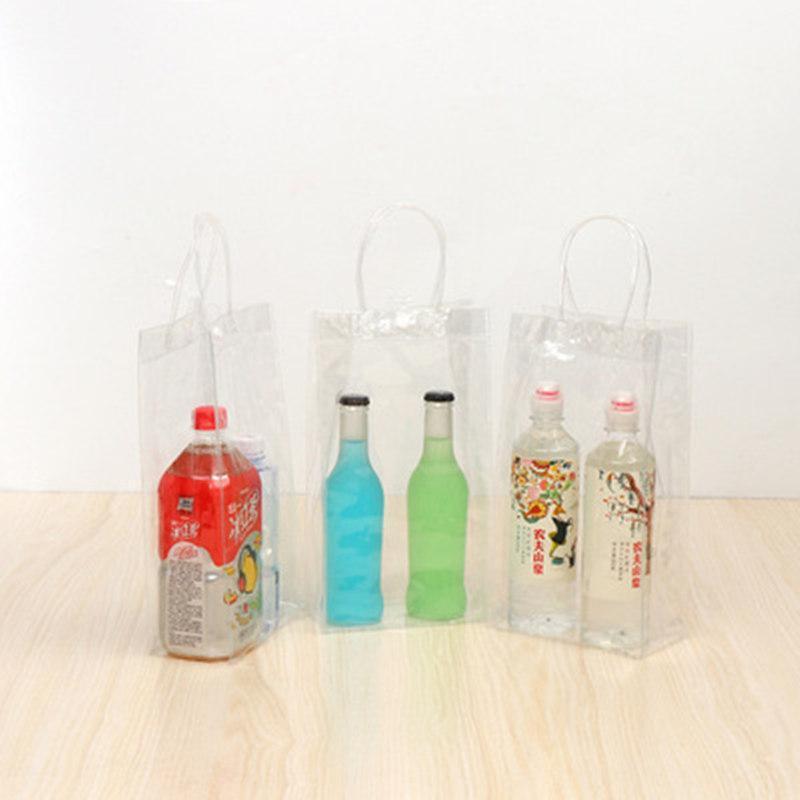 

Hot 100pcs Durable Clear Transparent PVC Champagne Wine Ice Bag Pouch Cooler Bag with Handle fast shopping jc-327
