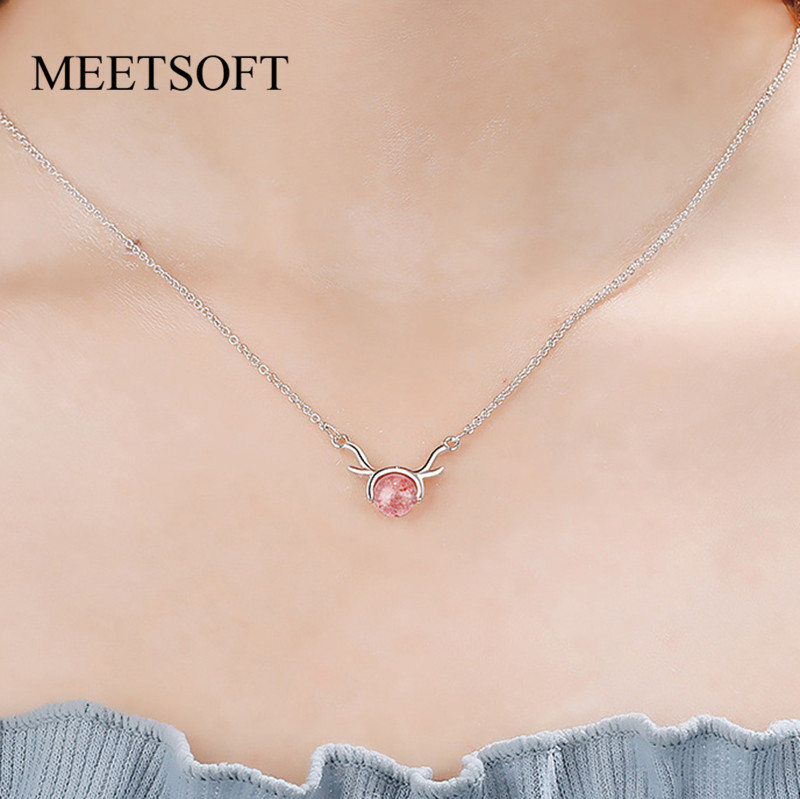 

MEETSOFT 925 Silver Pendant Necklac Minimalist Clavicle Chain Female Smiple Strawberry Quartz Elk Garnet Accessories Gift
