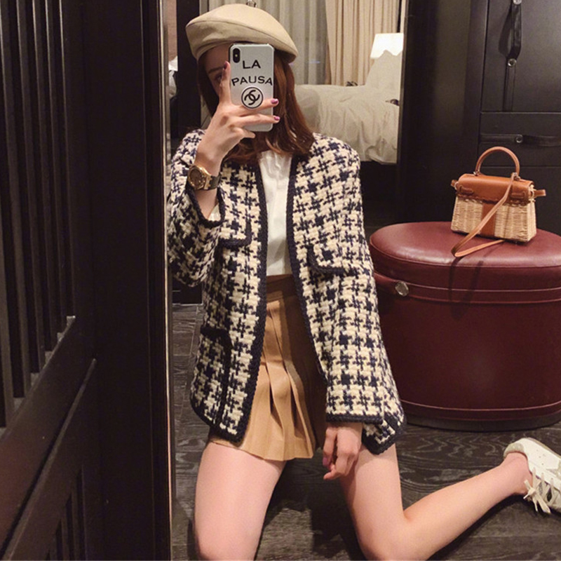 

Autumn Winter Houndstooth Short Wool Coat Women 2019 Elegant Long Sleeve Short abrigo mujer, As pic