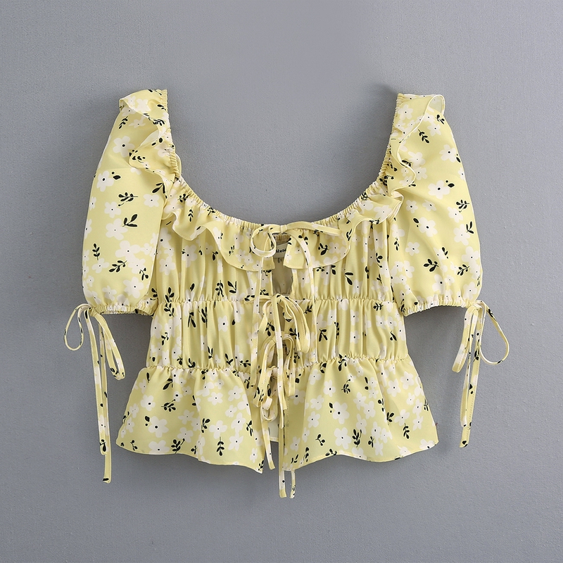 

Women Blouse Summer 2020 New Fashion Floral Prints Ruffles Modern Lady Crop Top, As photo