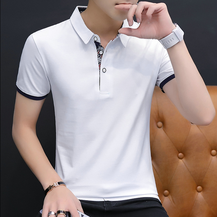 

2019 Summer Short Sleeve Polo Patchwork Slim Shirt Men Cotton Grey Casual Polo Breathable Button White Shirt Mens Clothing, White;black