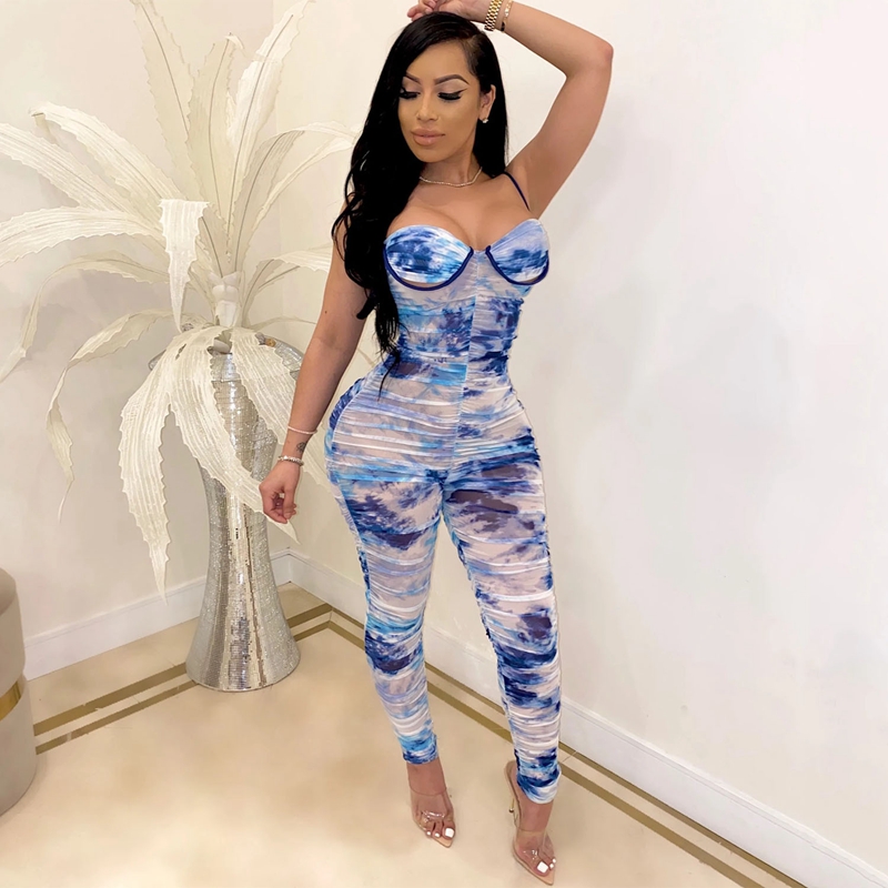 

Print Sexy Jumpsuit Women Clothes Party Long Pants Mesh Bodycon Bandage Jumpsuit for Women Rompers Summer Overalls Club Outfits, Sky blue