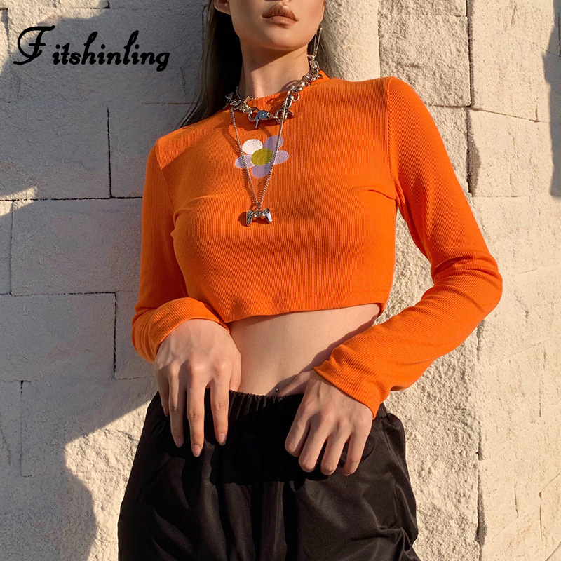 

Fitshinling Embroidery Flower T-Shirts For Women 2020 Spring Long Sleeve Crop Top Female T-Shirt Orange Slim Sexy Tees Femme New