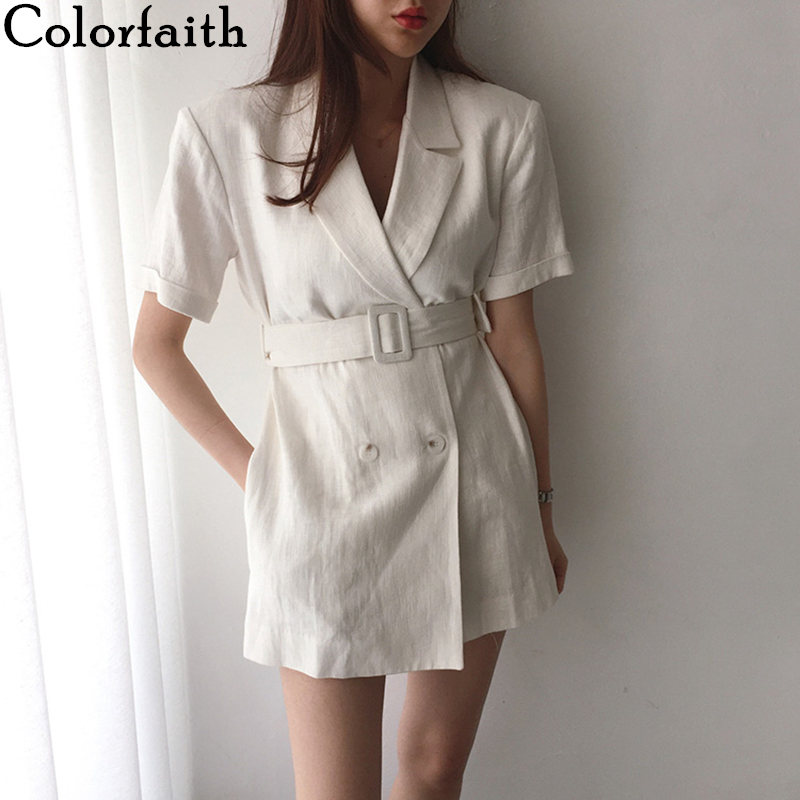

Colorfaith New 2020 Summer Women' Blazers Casual Double Breasted Jackets Notched Lace Up High Waist Pockets Short Tops JK1153, As picture