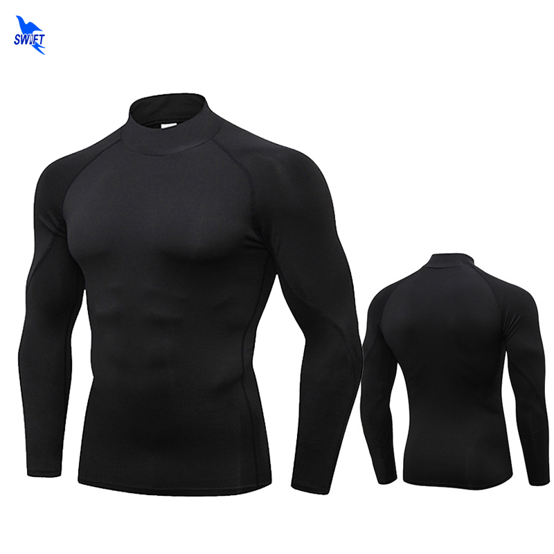 

Stand Collar Quick Dry Men Running Shirts Compression Long Sleeve Rashguard Gym T Shirt Sport Training Crossfit Fitness Tops, 1058 black blue