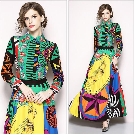 

2019 summer lapel neck Flora shirts printed A-Line Contrast colors girl Ankle-Length dresses street style dress long sleeve Women skirts, Multi