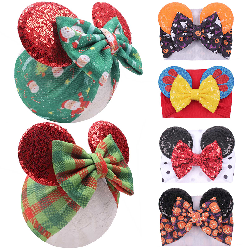 

40 Designs Christmas Cartoon Mouse Ears Headband Sequins Bow Headwrap Elastic Bowknot Hairbands Hair Bows Baby Wide Halloween Hairband M501, Slivery;white