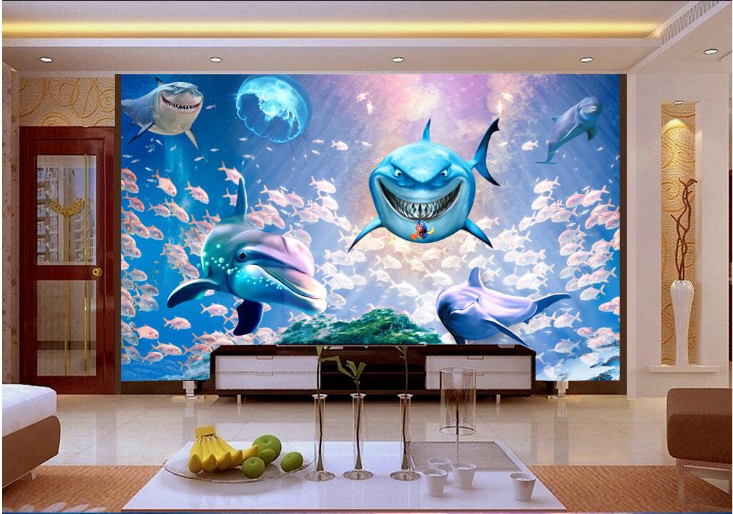 

3d wallpaper custom photo mural Blue ocean fish dolphin shark tv background living room home decor 3d wall murals wallpaper for walls 3 d, Non-woven