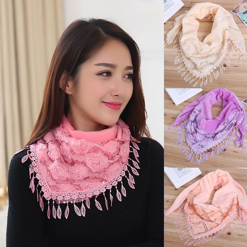 

Autumn Triangle Lace Scarf Women Bandage Floral Scarves Shawl for Women Tassel Sequin Knit Veil Embroidered Tassel Shawl