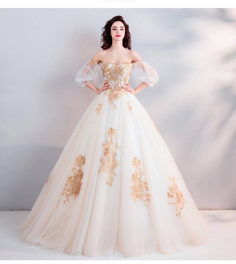 

2019 New Gold Lace Ball Gown Wedding Dress Short Sleeves off the Shoulder Dubai Arabic Women Princess Non White Bridal Gowns Cheap, Same as image