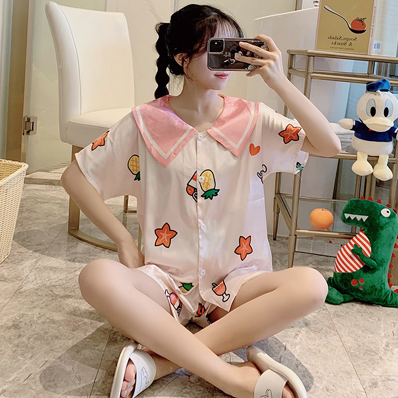 

Pajamas Women's Summer Viscose Fiber Thin Short-Sleeved Silk Two Piece Suit Summer Cute Pineapple