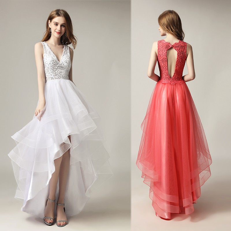 Hi-Lo Sparkly Yellow Prom Dresses V-Neck Sleeveless Lace 2019 Party Gowns A Line Lace Tiered Backless Homecoming Dress