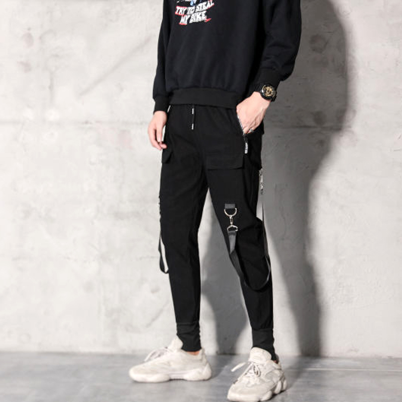 Januarysnow Brand Designer Men Streetwear Black Harem Pants Light Men Punk Pants Ribbons Casual Slim Jogger Pants Men Hip Hop Trousers-image-529068582