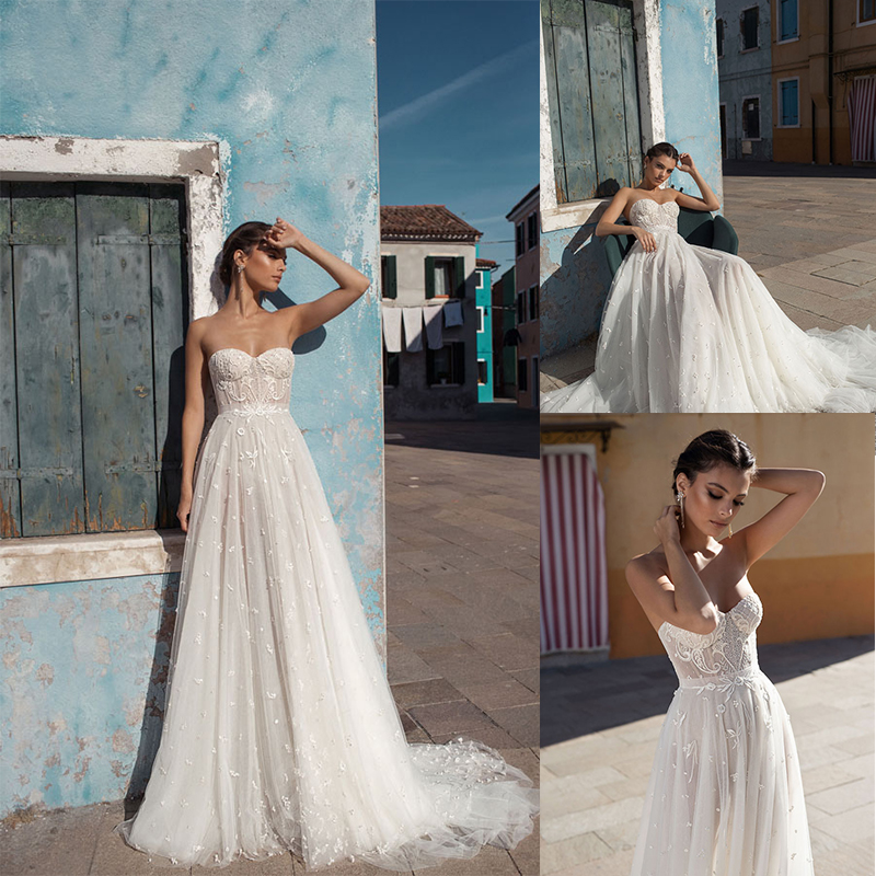 

Gali Karten A Line Wedding Dress Appliques Strapless Crystal Sleeveless Wedding Dresses Sweep Train Boho Bridal Gowns, Sage