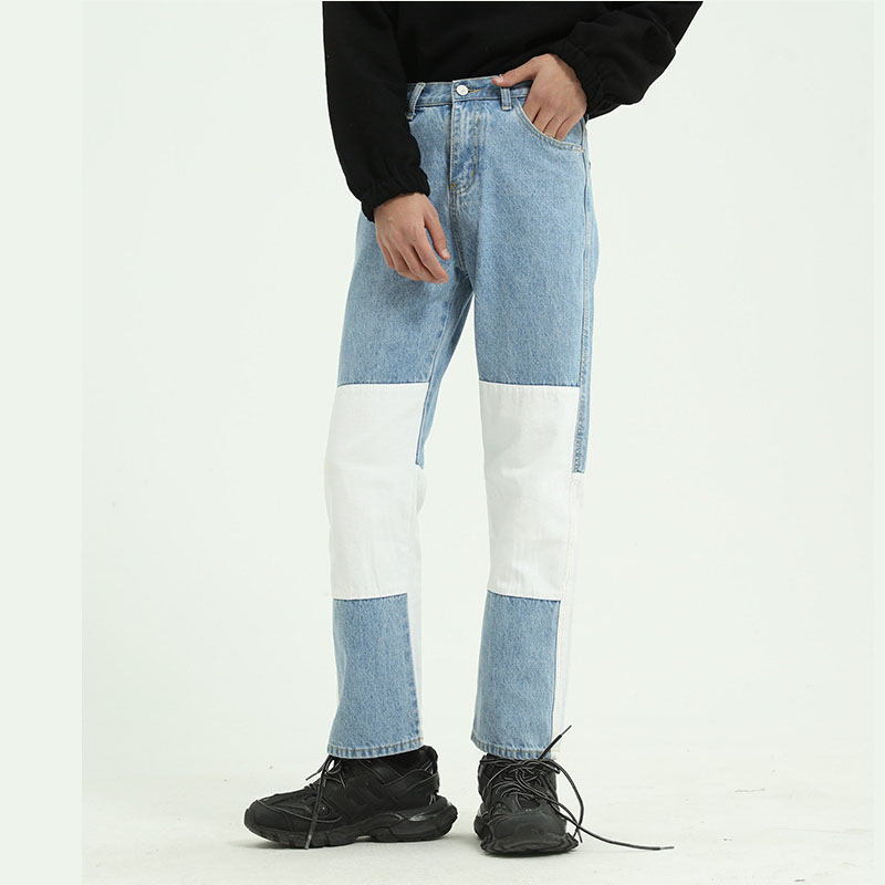 

New Men Wash Splice Casual Straight Jeans Trousers Korea Japan Style Male Vintage Fashion Streetwear Hip Hop Denim Pant, M7-d-927