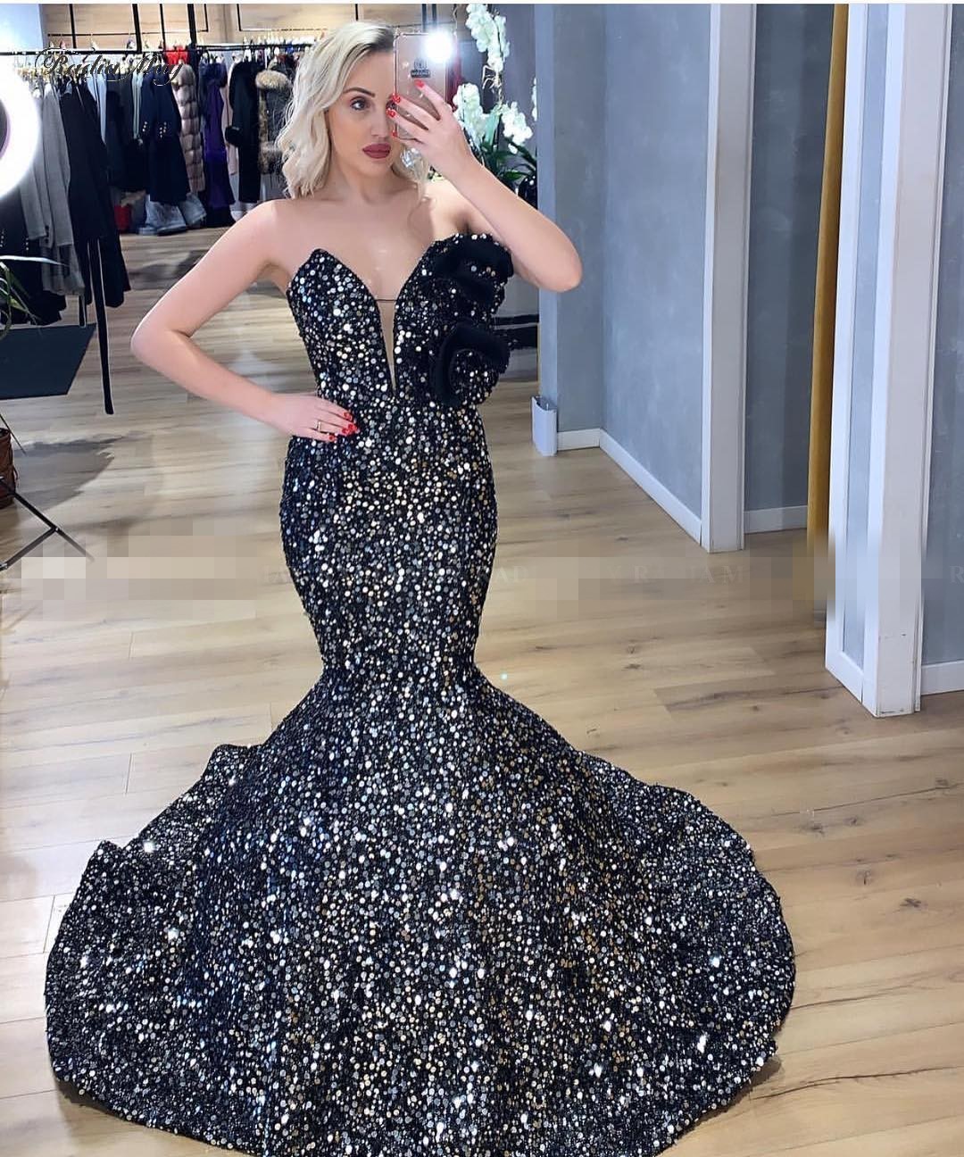 

Middle East Black Mermaid Arabic Evening Gowns Long Prom Dresses 2020 Glitter Sequin 3D Flowers Off Shoulder Dubai Formal Dress, Daffodil
