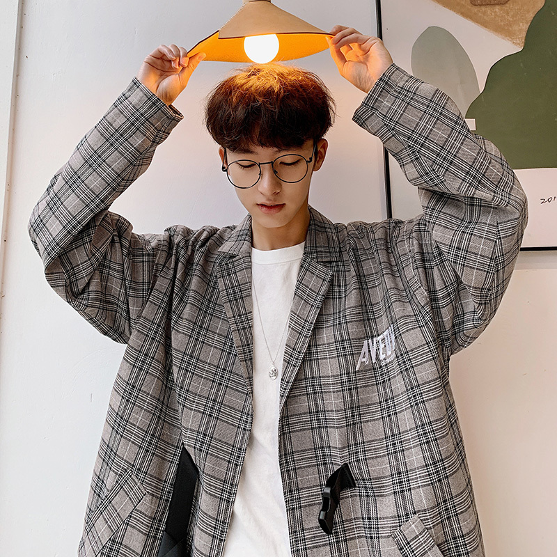 

2019Spring And Autumn Style Hong Kong Style Embroidery Rope Casual Plaid Jacket Loose Student Tide Jacket Khaki / Dark Gray -XL
