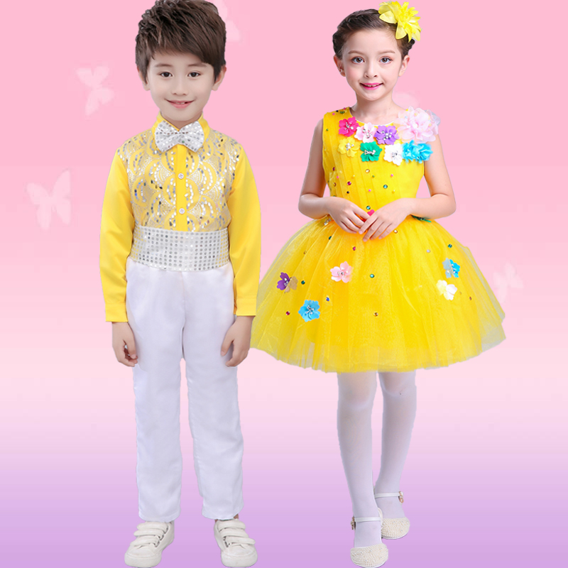 

Children's ballet new style children's costumes girls princess dress pettiskirt boys sequins bib pants chorus performance suits, Picture color