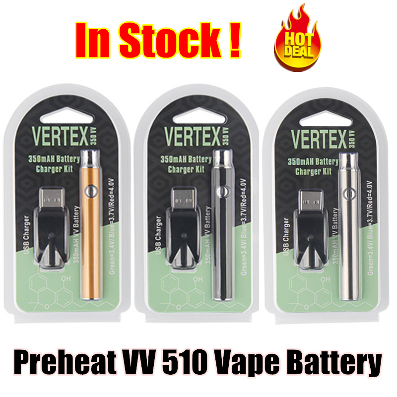 

Vertex battery 350 mAh 510 Thread VV Preheating Vape cartridge battery Preheat Blister Pack Kit Manual Evod HGB Variable Voltage vape pen