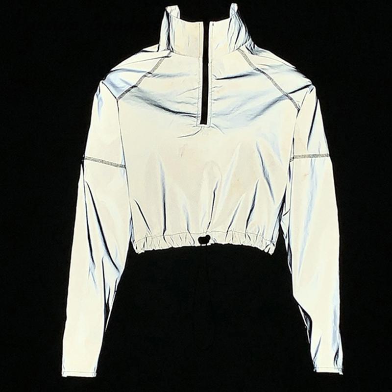 

Fall Women Reflective Zipper Jackets Loose Bling Luminous Jackets Drawstring Collect Waist Outcoat Jogger Windbreaker, Silver