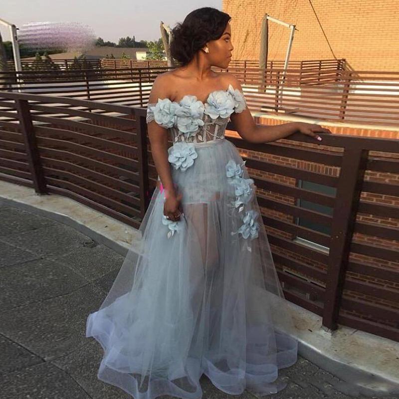 Setwell Off épaule A-ligne robes de soirée sexy Voir Par manches fleurs parole longueur Prom Party Robes