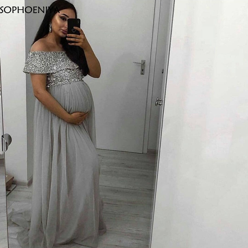 

New Arrival Chiffon Pregnant woman evening dress abendkleider 2019 Silver Beading Evening gowns Vestidos de festa longo, Blue