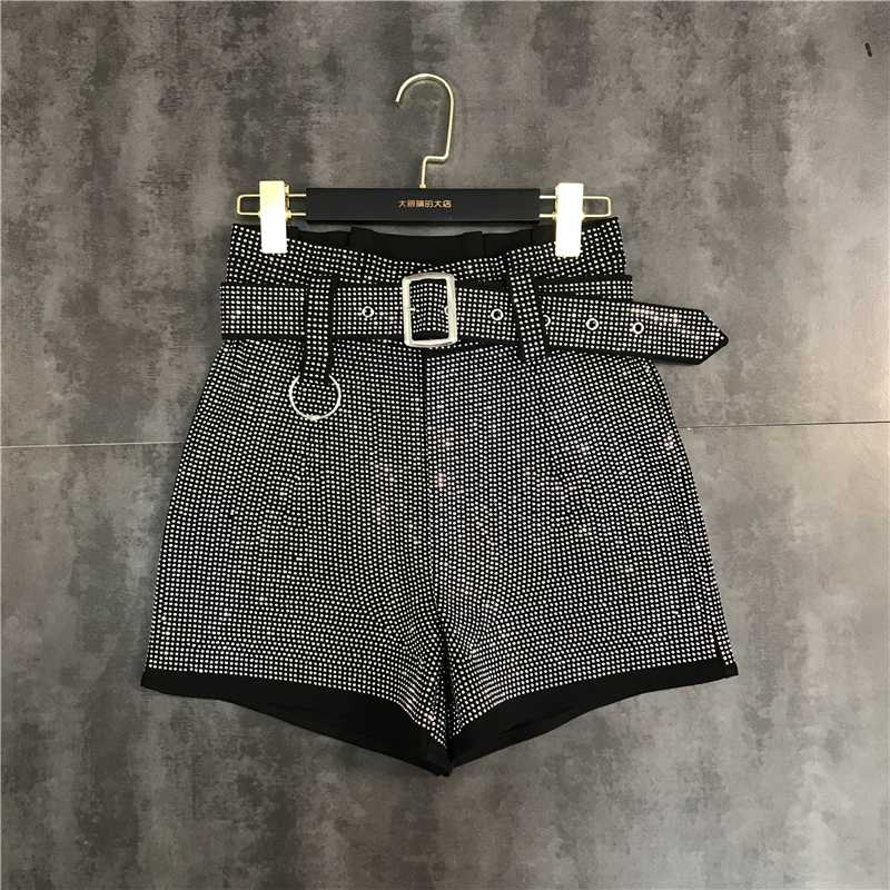 

European New design women' high waist with belt sashes rhinestone shinny bling patchwork loose plus size shorts trousers SMLXL, Black