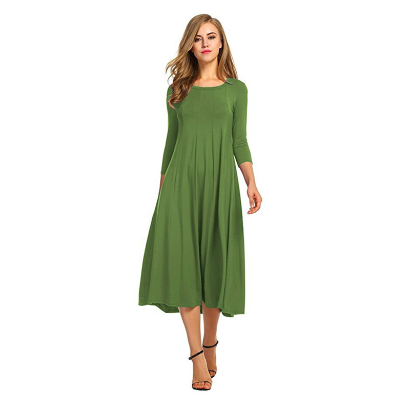 

Autumn Hot Sale Women Dress O-Neck Three Quarter Sleeves Solid Color A-line Dress Casual Fashion Slim Thin Long Vestido, White