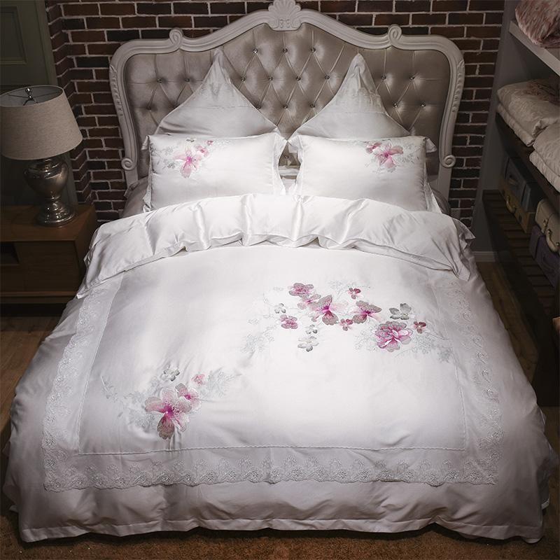

J3 White blue pink color Noble Bedding Set king queen size tencel silk soft summer bedclothes floral duvet cover sets bed set, Color 2