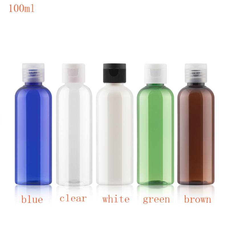 

50pc 100ml white blue brown empty PET bottle flip cap round shoulder transparent color plastic travel refill small sample vials