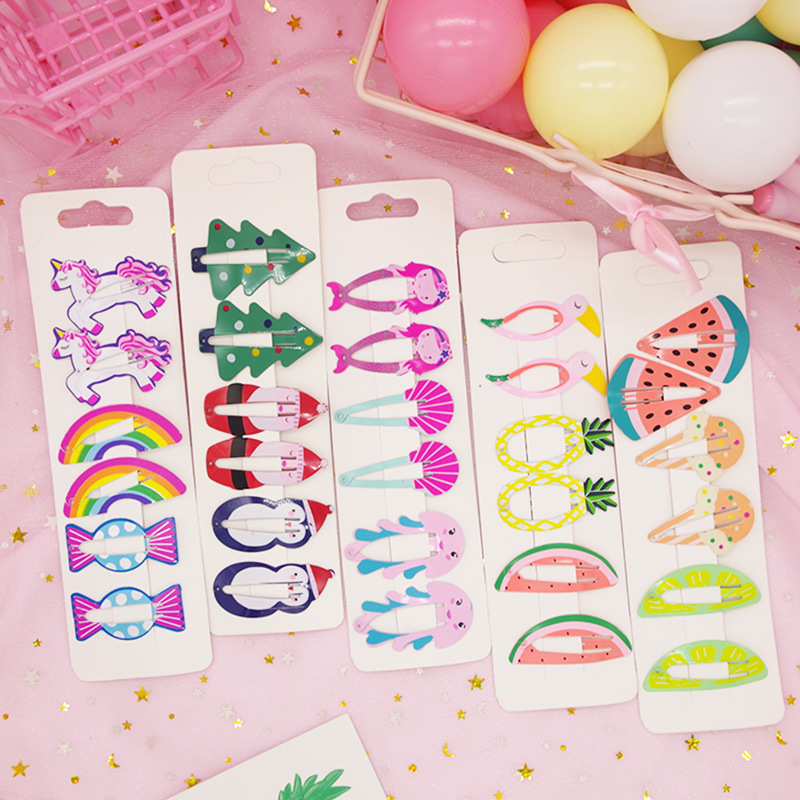 

6Pcs/Lot Hair Accessories Cartoon Fruit Hair Clips Cute Star Hairgrip For Girl Metal Children Snap Ins baby Barrettes Headwear M879, As photo remark styles