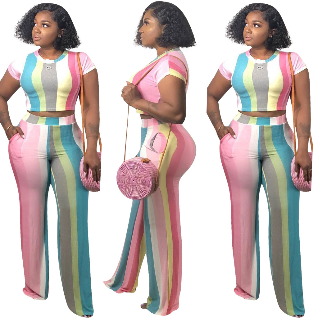 

women two piece summer outfits Striped Print 2 Two Piece Set Short Sleeve Top and Wide Leg Pants Women Casual Outfit Sports Suit, Purple
