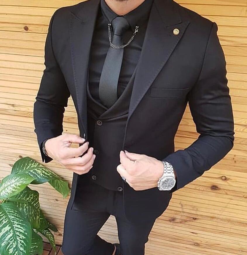 

Black Slim Fit Mens Suits Peaked Lapel One Button Wedding Groom Tuxedos for Prom Best Man Blazer Designs ( Jacket+Pants+Vest), White