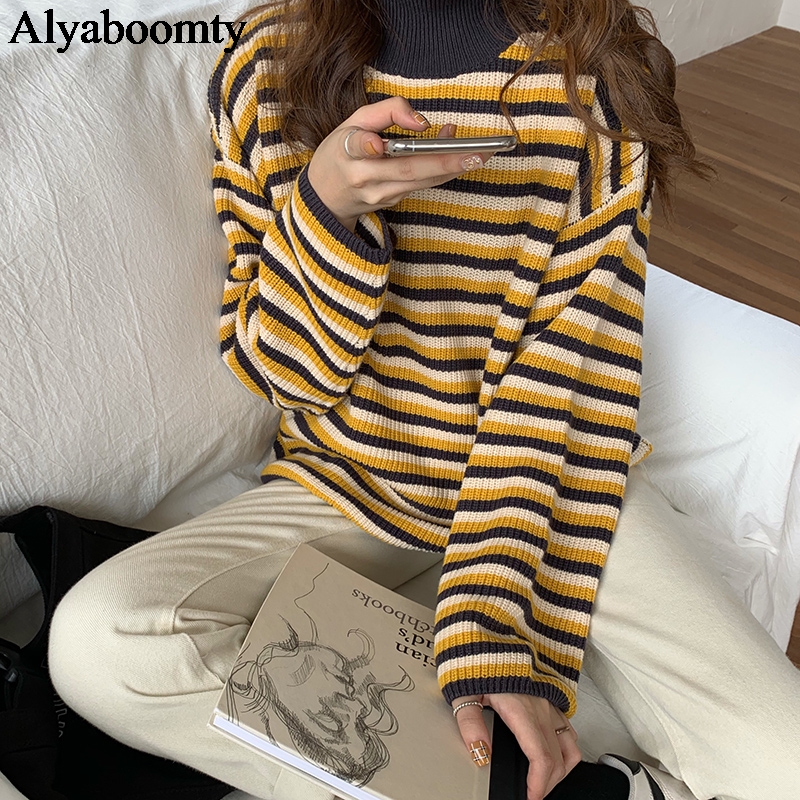 

Japanese Preppy Style Autumn Winter Women Sweater Striped Oversized Casual loose Knitted Jumper Korean Vintage Female Overcoats, Color 2
