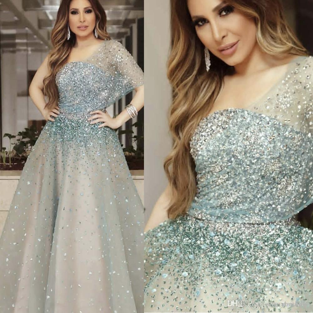 

2019 Bling Beaded Crystal Long Prom Dresses A Line One Shoulder Sequins Long Formal Evening Gowns Fashion Arabic Dress Party Wear, Hunter