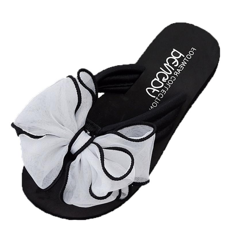 

Non-slip Clip Toe Beach Slippers Women's Floral Bowknot Lace Shoes Summer Fashion Bow Slippers Wedges Flip Flops Black Pink