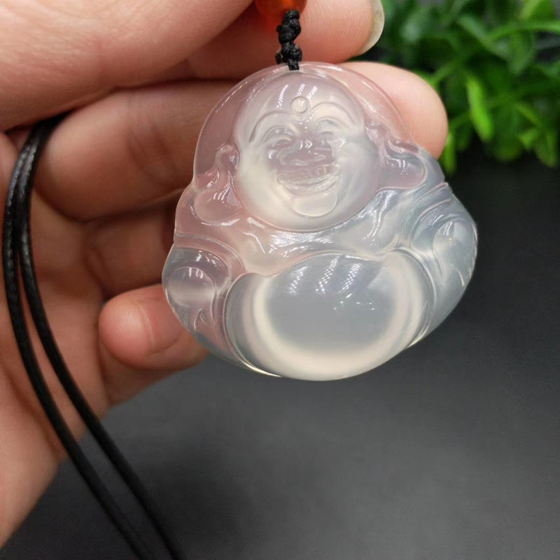 

Women's Agate Necklace Pendant White Chalcedony Maitreya Laughing Buddha Jades Pendant Gift for Female's Fine Jewelry