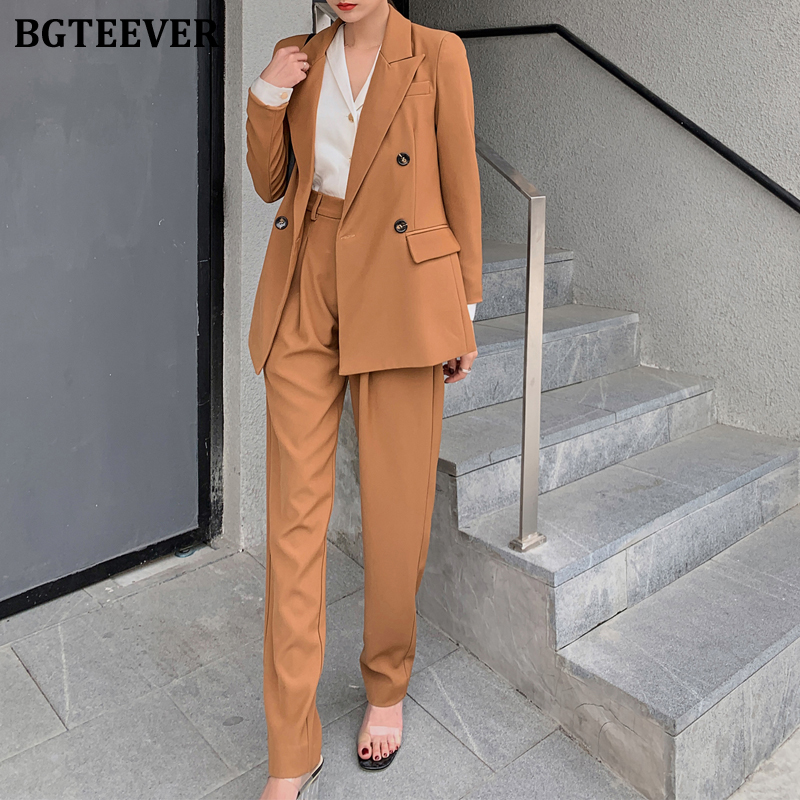 

BGTEEVER Fashion Notched Collar Double Breasted Long Sleeve Female Blazer & High Waist Straight Leg Pants for Women 2 Pieces Set, Red