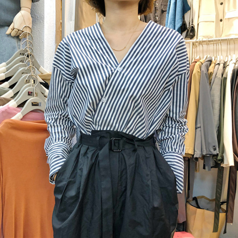 

New 2020 Striped V Neck Women Tops Blouses Spring Elegant Fashion Ins Blusas Long Sleeve Korean Ropa Mujer Female Blouses, Blue