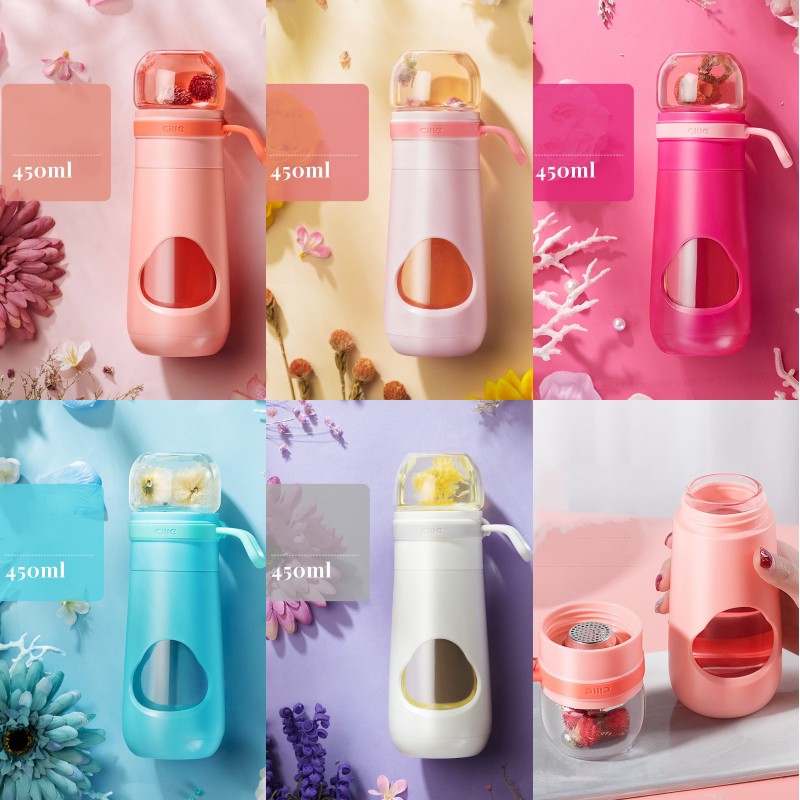 

450ml Tea Filter Glass Bottle Anti-scald Drop-resistant Water Bottle Travel Car Rose Tea Infuser Glass Tumbler