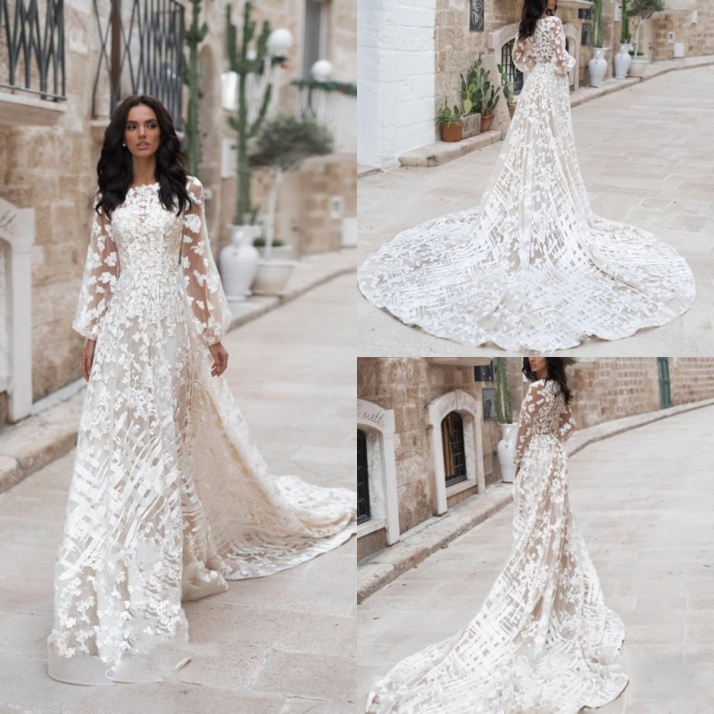 

2020 A Line Beach Wedding Dresses Appliques Jewel Neck Tulle Long Sleeves Wedding Dresses Sweep Train Boho Bridal Gowns, Hunter green