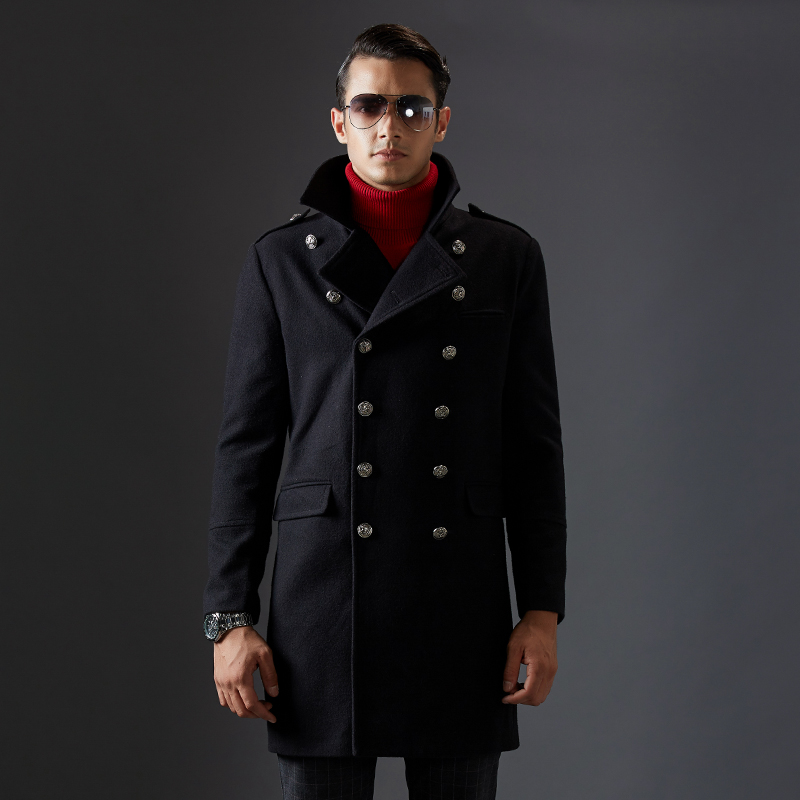 

Mens Winter Jackets New Wool Over Coat Men 2017 Fashion Extra Long Slim Fit Trench Blue Black Coat Men Brand Wollen for Boys, Hei