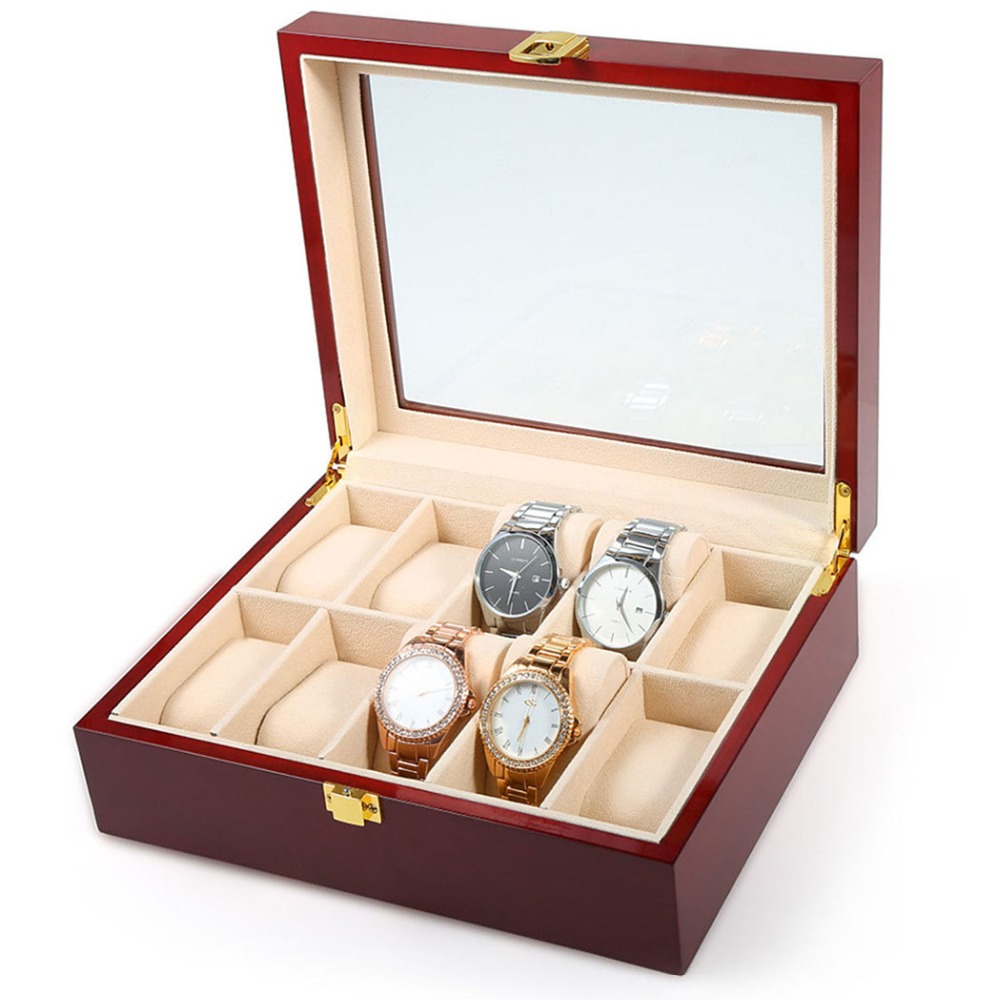 

FANALA 5/10 Grids Watch Box Black/Wine Red Wooden PU Leather Display Jewelry Organizer Square Buckle Watch Winder Boite Montre