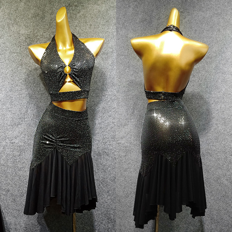 

Latin Dance Dress Black Sequined Sexy Halter Top Skirt Women Tango Samba Rumba Cha Cha Dancing Costumes Performance Wear DN3991, 1 pcs tops
