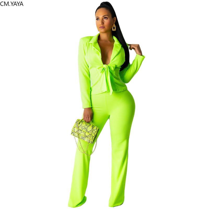 2019 Autumn Winter Women solid neon green white blazer & pants suit two piece set office lady classic tracksuit outfit GLYY5073