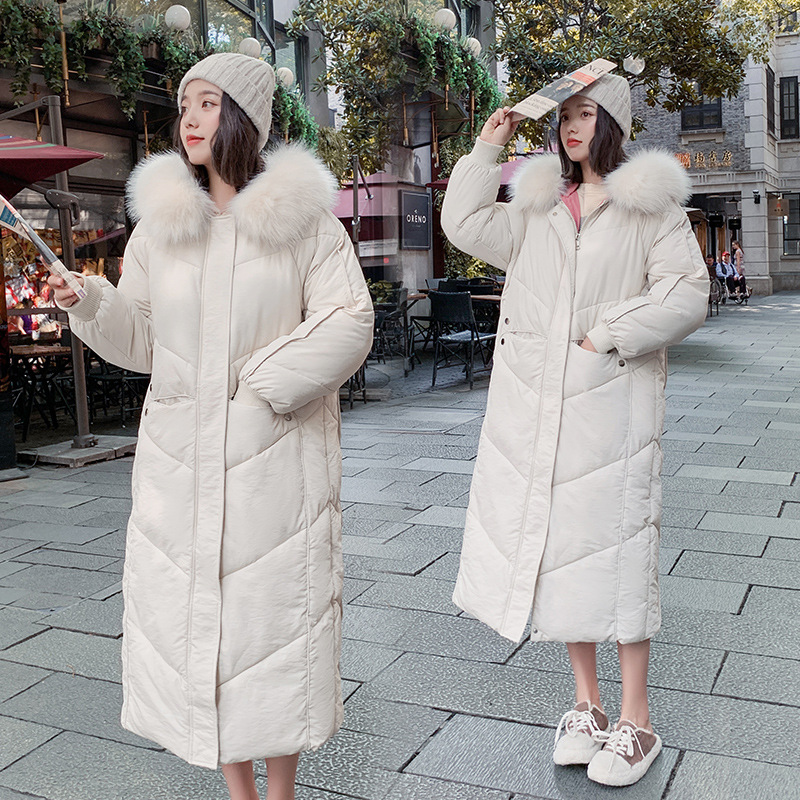 

2019 Long Fashion Women Winter Jacket Cotton Padded Warm Thicken Casual Big Fur Collar Ladies Long Coats Parka Womens Jackets, Beige